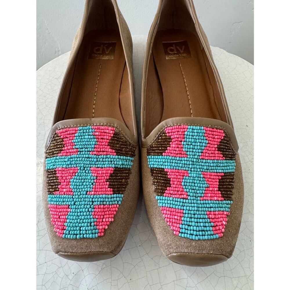 Dolce Vita Tan Suede Southwestern Beaded Turquoise Coral Colorful Loafers Size 9 - Picture 10 of 12
